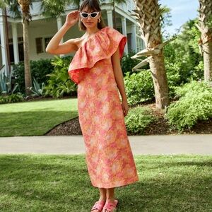 NWT Abbey Glass Elegant One-Shoulder Coral and Orange dress